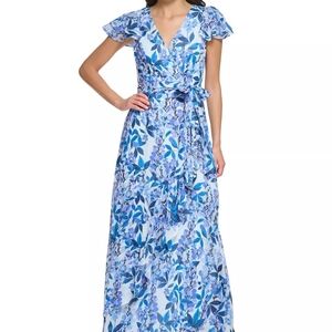 NWT Eliza J Blue Floral V-Neck Flutter Sleeve Ruffle Waist Tie Formal Maxi Dress